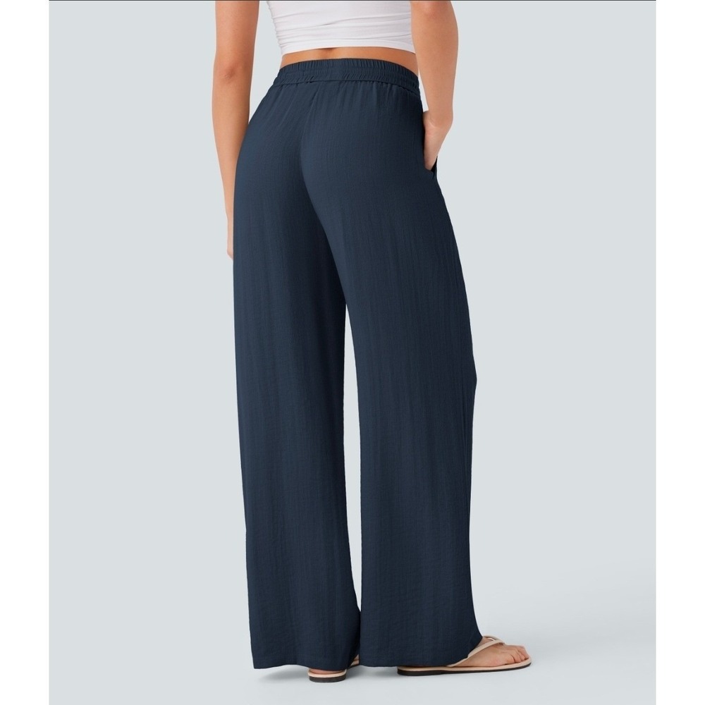 NWT Halara High Waisted Drawstring Pocket Wide Leg Casual Linen- Navy Medium - Picture 2 of 5